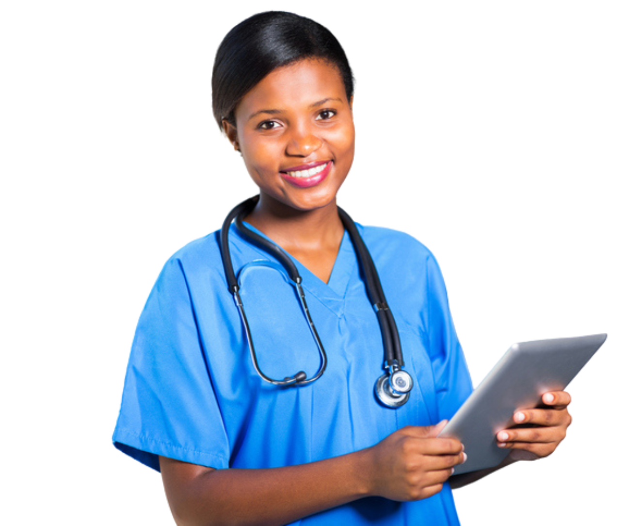 Nurse in uniform scrubs holding computer tablet and wearing stethescope